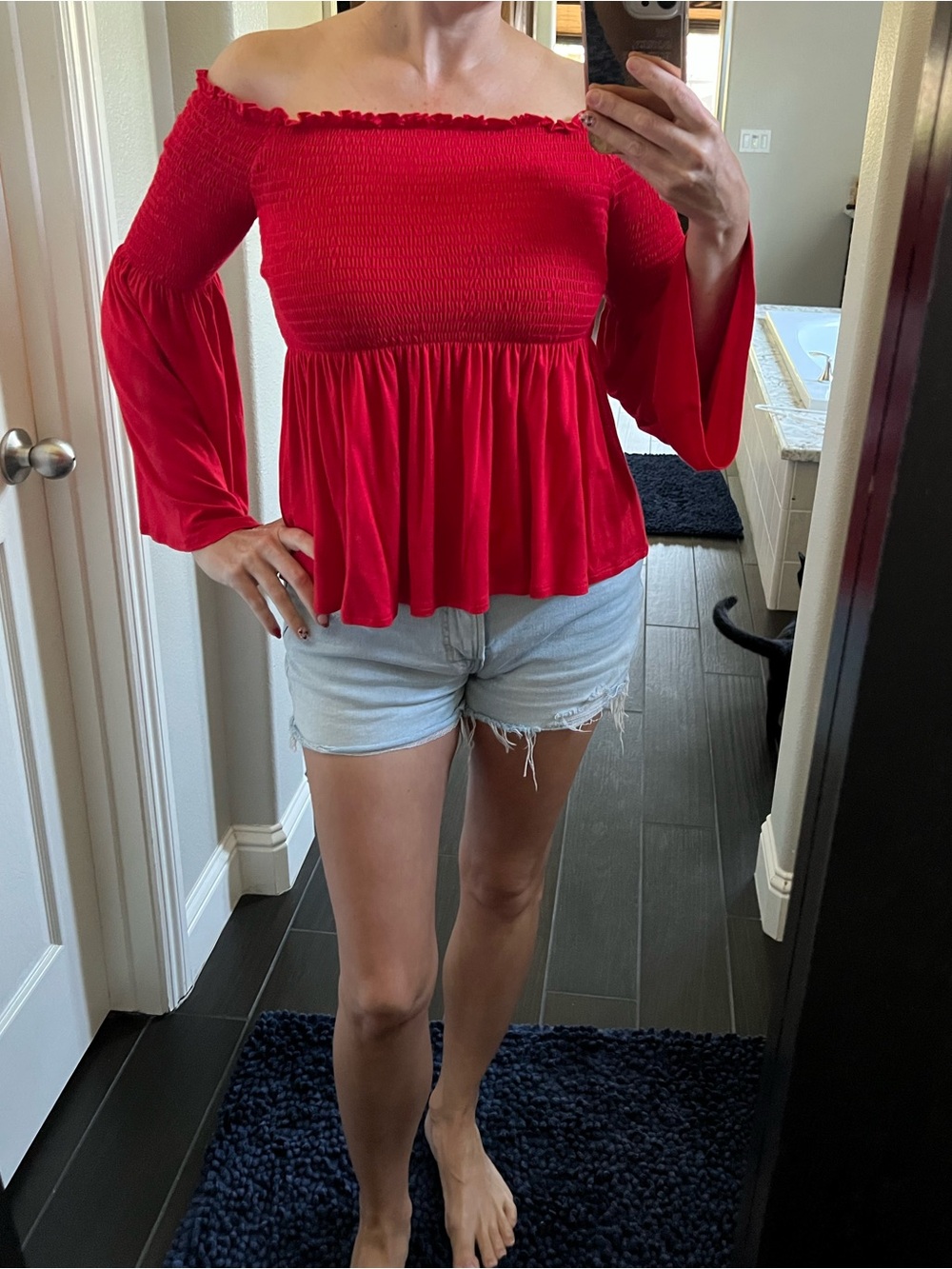 Sky and Sparrow Off-Shoulder Smocked Baby Doll Top in Red